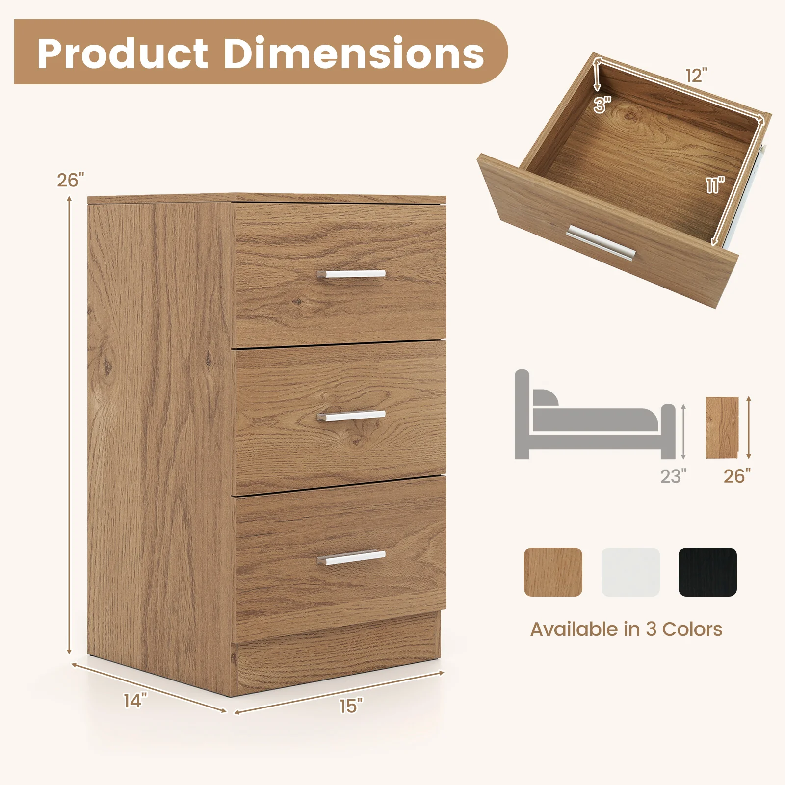 Set of 2 Nightstand with Charging Station End Table with 3 Storage Drawers Bedside Table for Bedroom, Natural - Image 6
