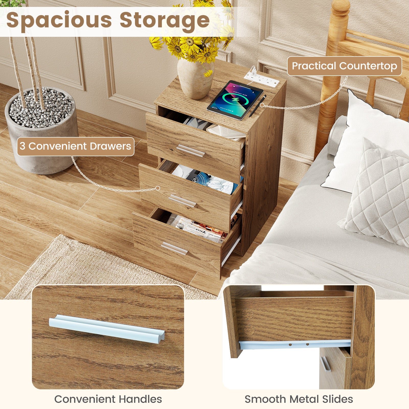 Set of 2 Nightstand with Charging Station End Table with 3 Storage Drawers Bedside Table for Bedroom, Natural - Image 8