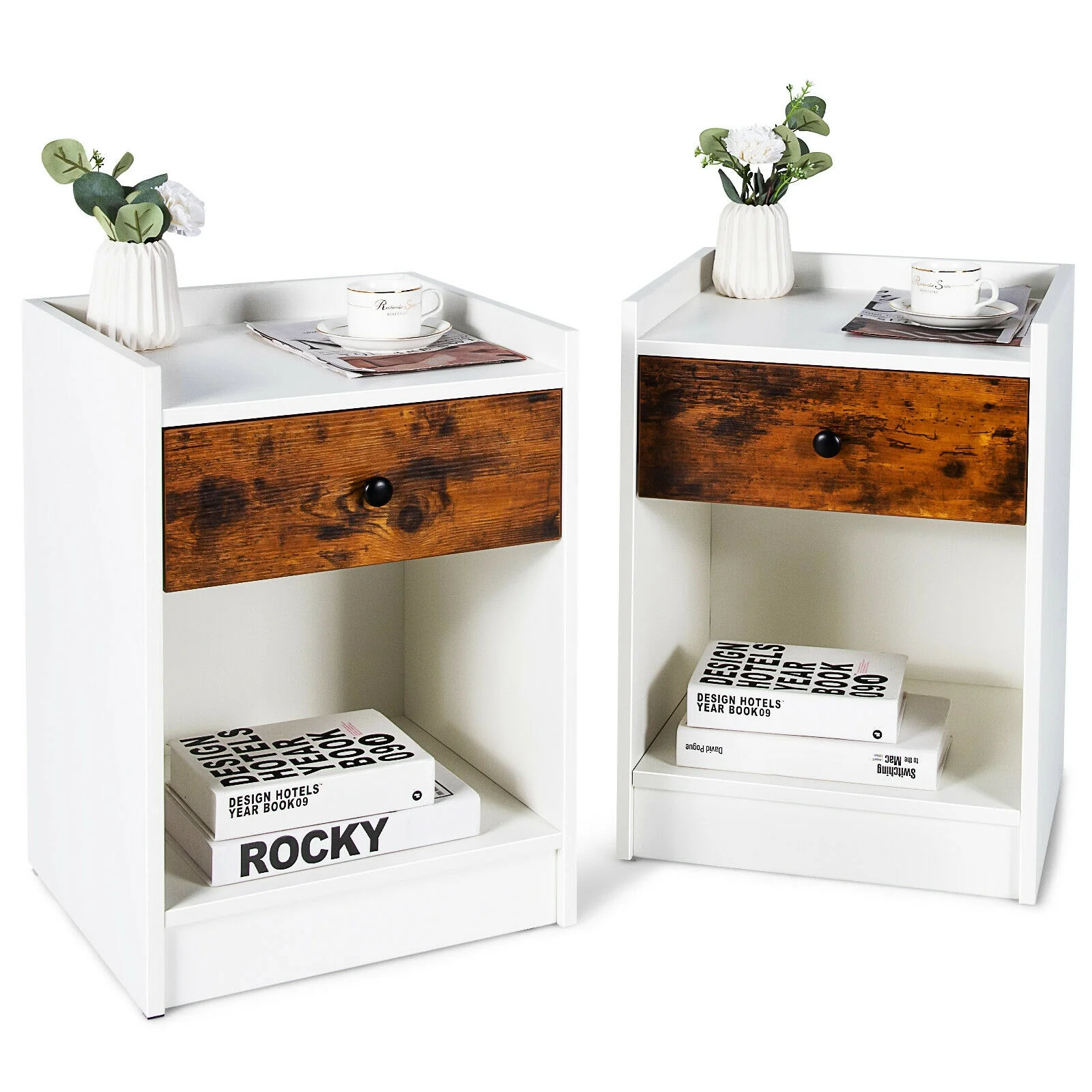 Set of 2 Nightstand with Drawer Cabinet, White - Image 5