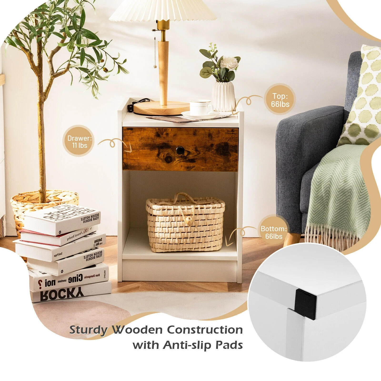 Set of 2 Nightstand with Drawer Cabinet, White - Image 8