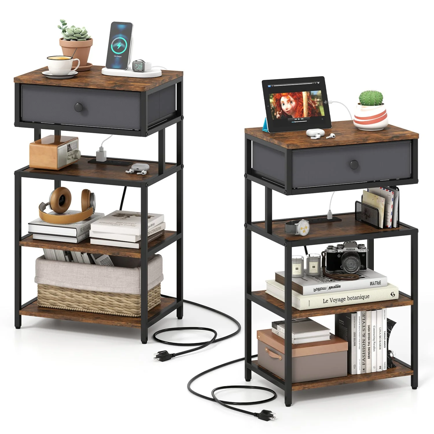 Set Of 2 Nightstands, 28 Inch Tall, Charging Station, Rustic Brown