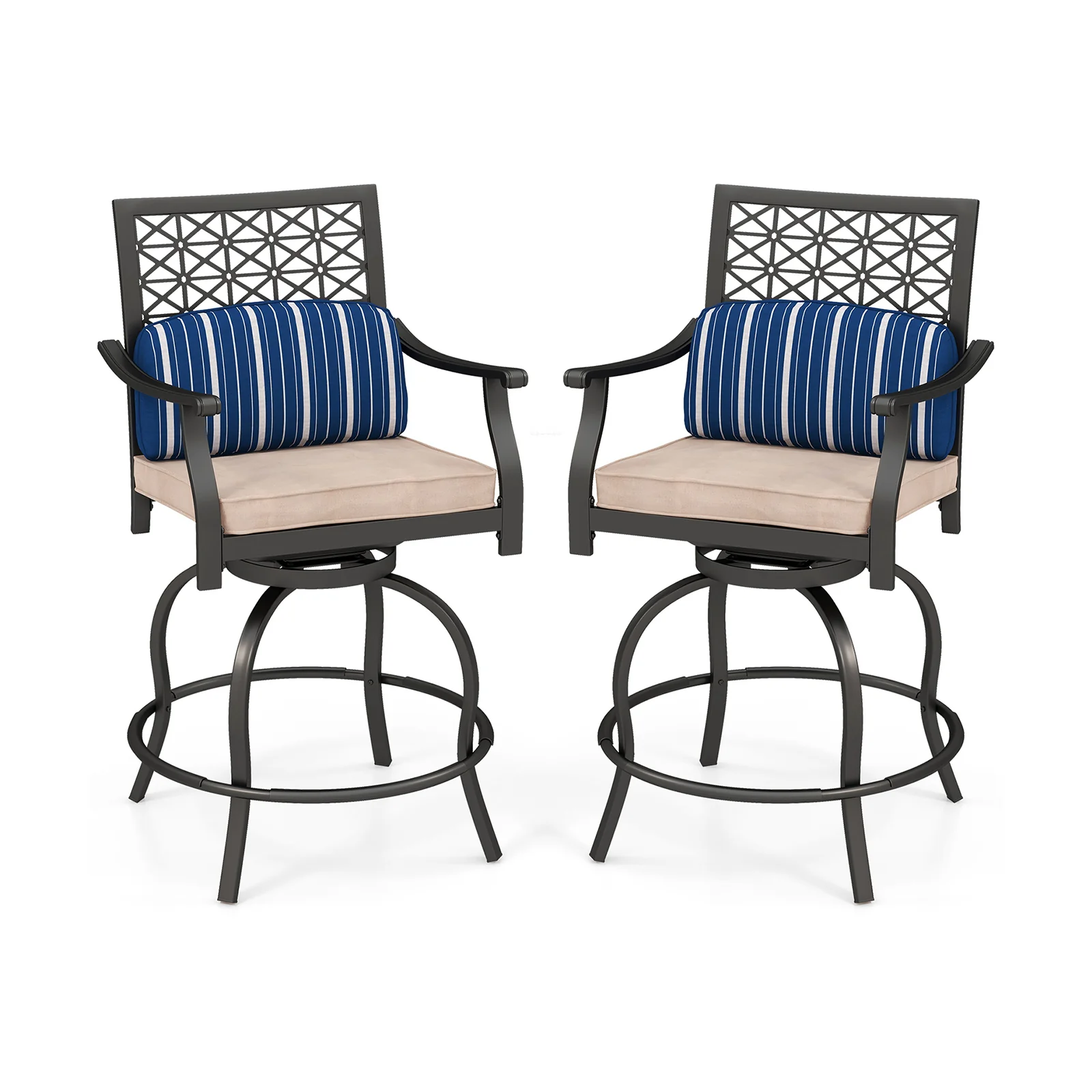 Set of 2 Outdoor Bar Height Chairs, Soft Cushions, Black