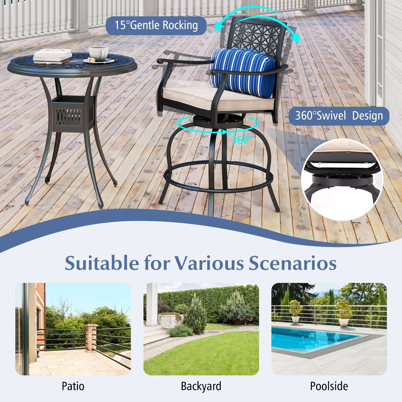 Set of 2 Outdoor Bar Height Chairs, Soft Cushions, Black - Image 3