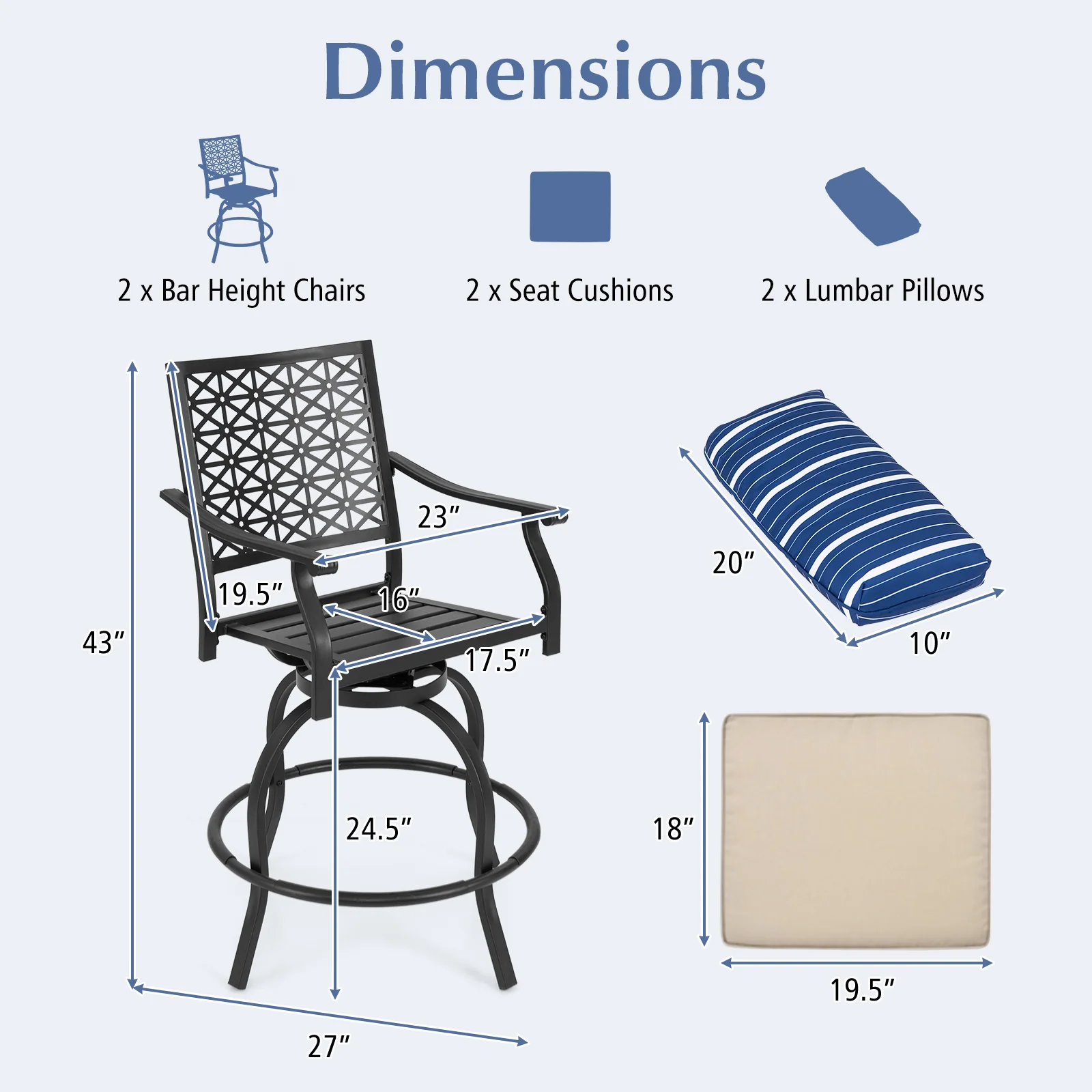 Set of 2 Outdoor Bar Height Chairs, Soft Cushions, Black - Image 6