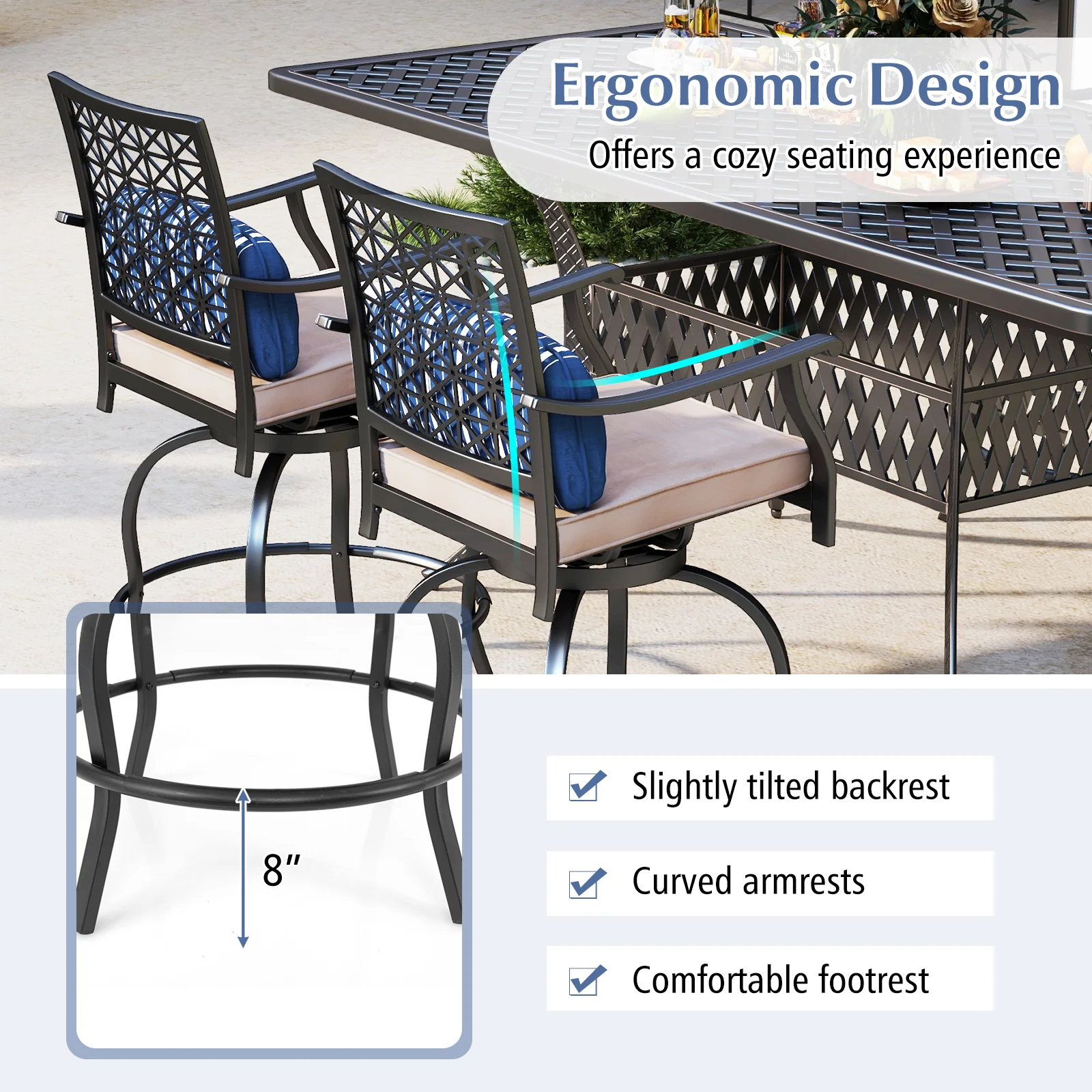 Set of 2 Outdoor Bar Height Chairs, Soft Cushions, Black - Image 8