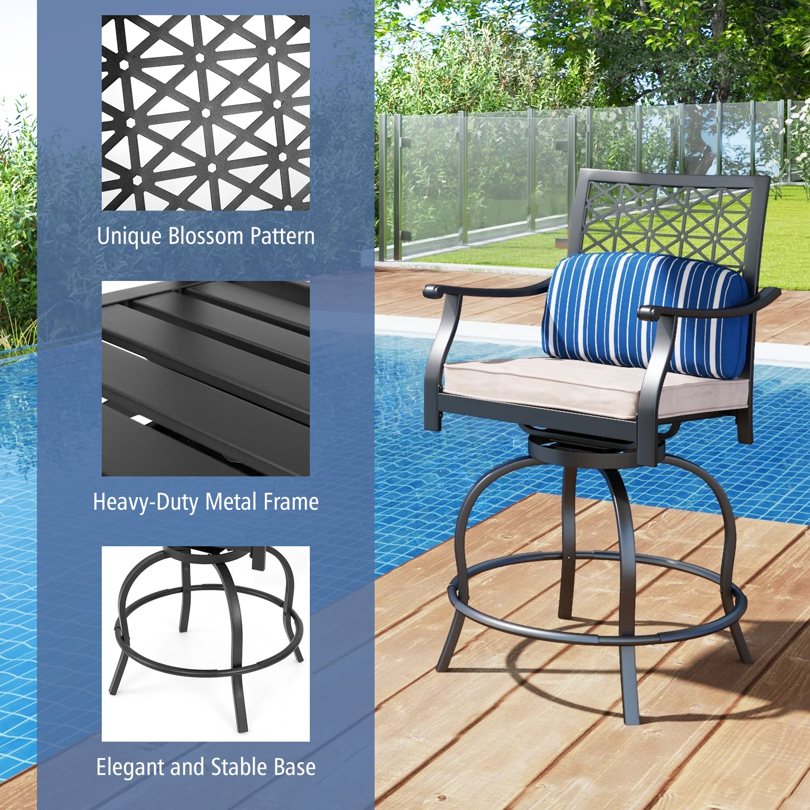 Set of 2 Outdoor Bar Height Chairs, Soft Cushions, Black - Image 9