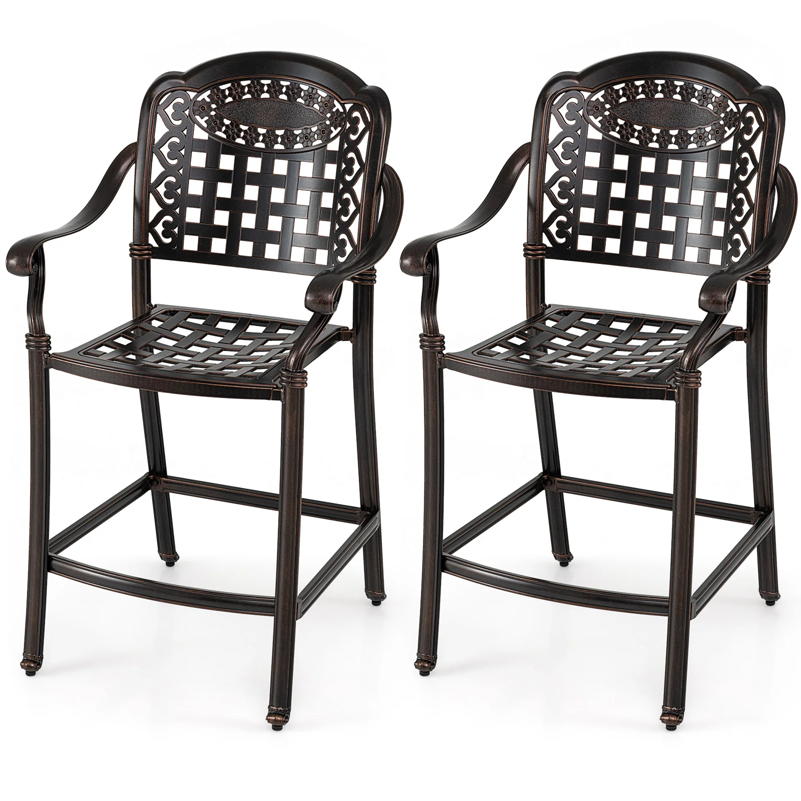 Set of 2 Outdoor Bar Stool 25.5 Inch Counter Height Cast Aluminum Bar Chairs, Copper