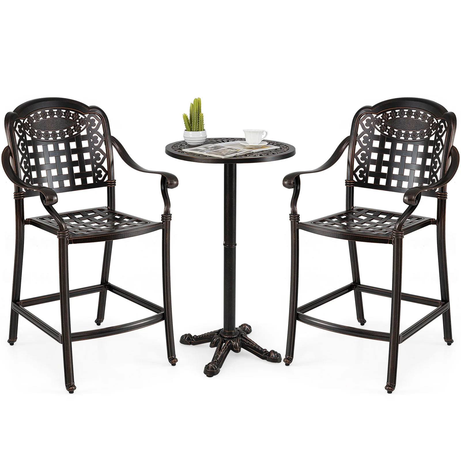 Set of 2 Outdoor Bar Stool 25.5 Inch Counter Height Cast Aluminum Bar Chairs, Copper - Image 4