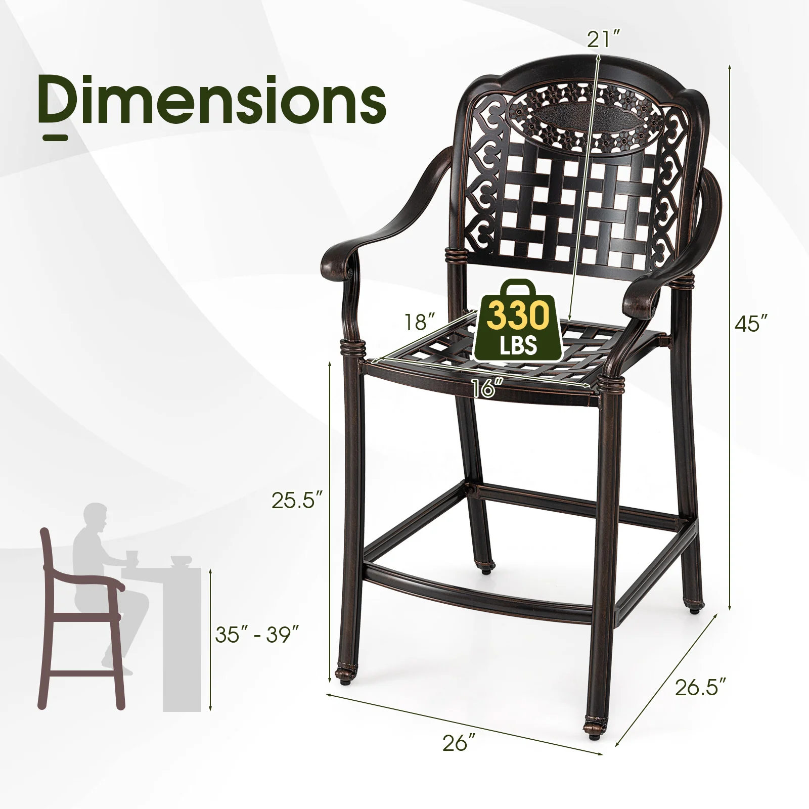 Set of 2 Outdoor Bar Stool 25.5 Inch Counter Height Cast Aluminum Bar Chairs, Copper - Image 5