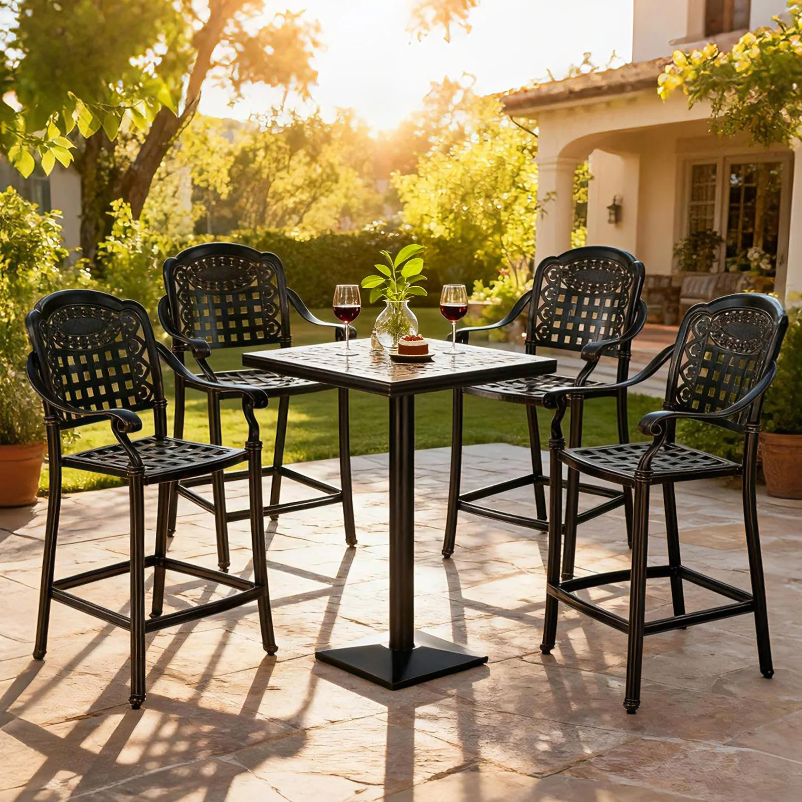 Set of 2 Outdoor Bar Stool 25.5 Inch Counter Height Cast Aluminum Bar Chairs, Copper - Image 6