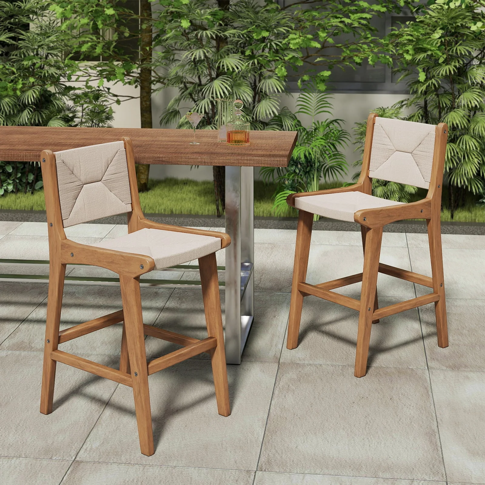 Set of 2 Outdoor Counter Height Bar Stool Woven Paper Rope Patio Barstool with Teak Wood Frame - Image 2
