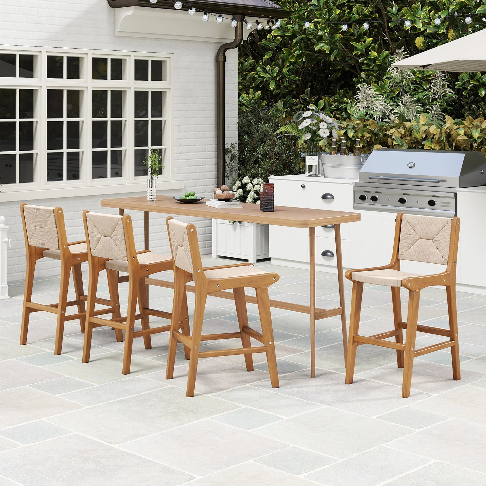 Set of 2 Outdoor Counter Height Bar Stool Woven Paper Rope Patio Barstool with Teak Wood Frame - Image 3