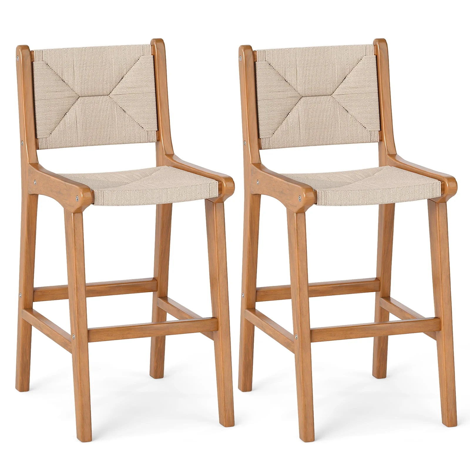 Set of 2 Outdoor Counter Height Bar Stool Woven Paper Rope Patio Barstool with Teak Wood Frame - Image 4