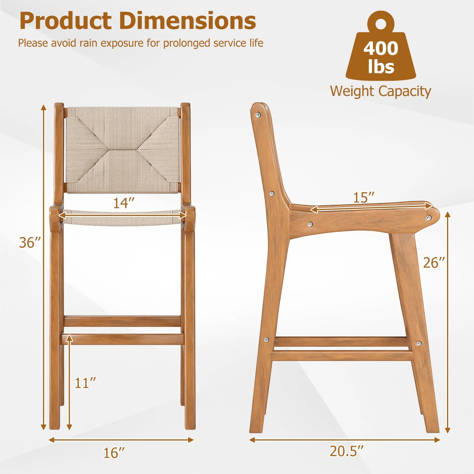 Set of 2 Outdoor Counter Height Bar Stool Woven Paper Rope Patio Barstool with Teak Wood Frame - Image 5