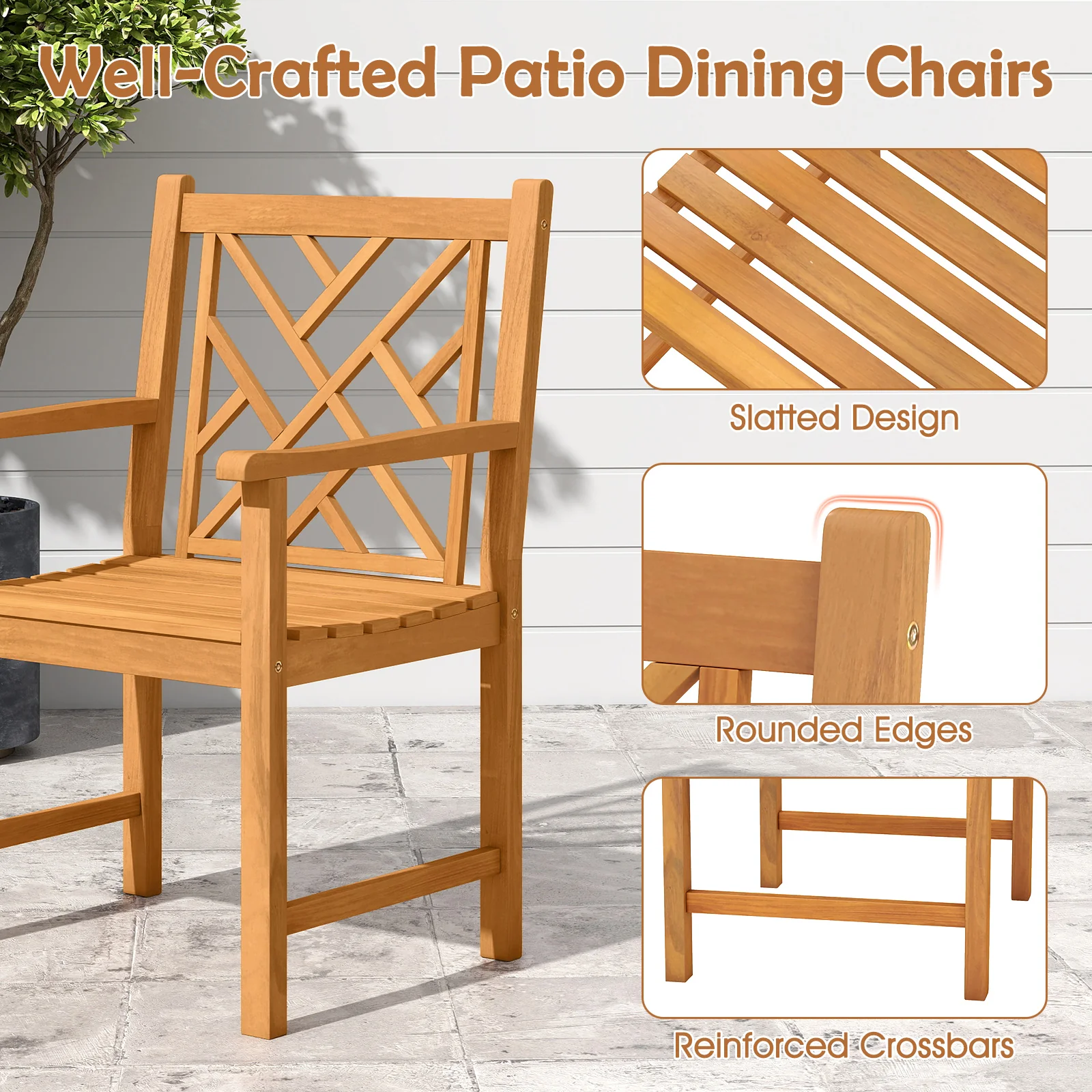 Set of 2 Outdoor Dining Chairs, Acacia Wood, Cross-Pattern Backrest, Natural - Image 10