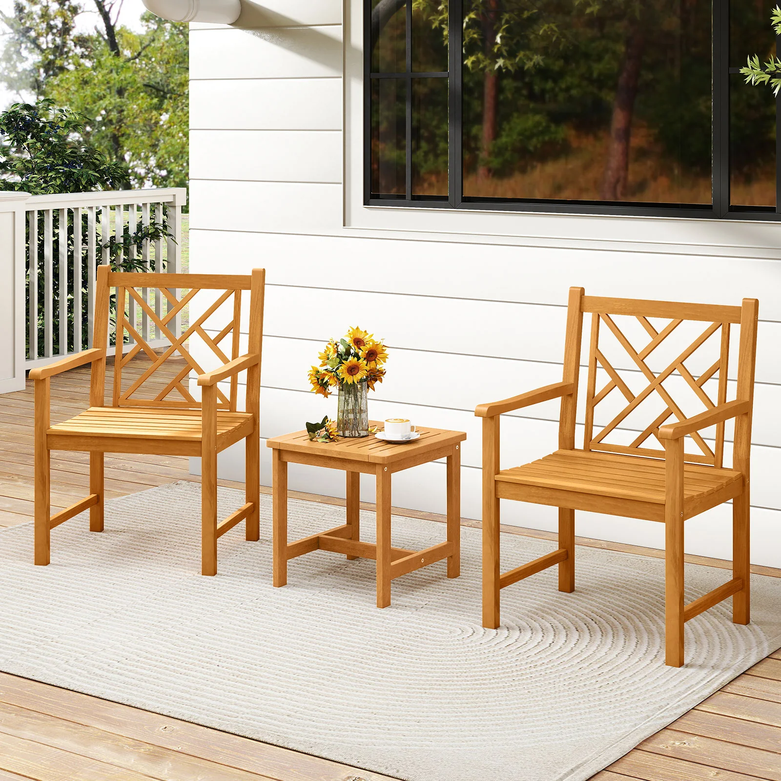 Set of 2 Outdoor Dining Chairs, Acacia Wood, Cross-Pattern Backrest, Natural - Image 3
