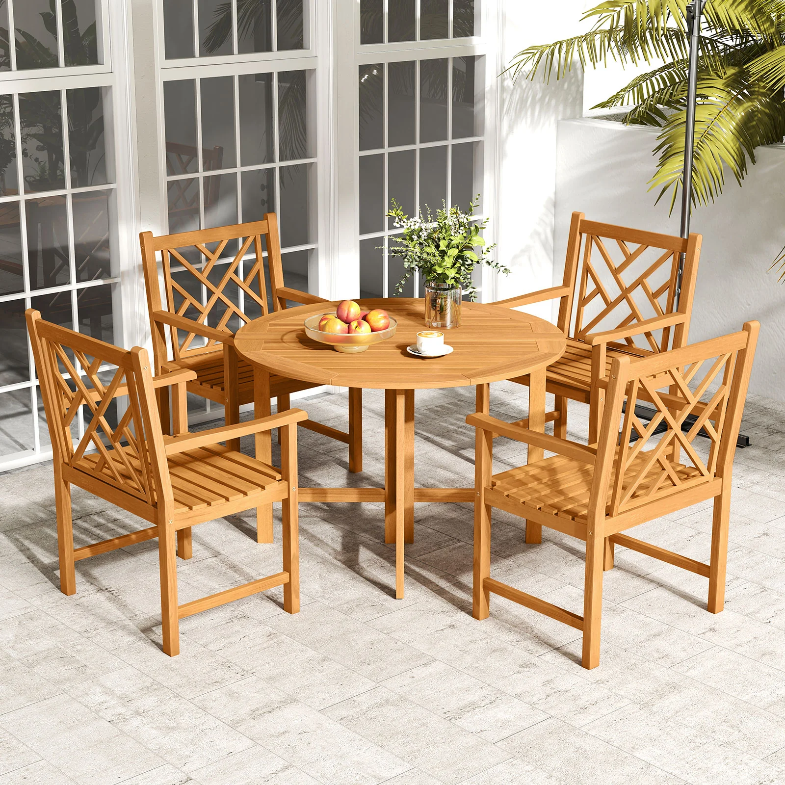 Set of 2 Outdoor Dining Chairs, Acacia Wood, Cross-Pattern Backrest, Natural - Image 6