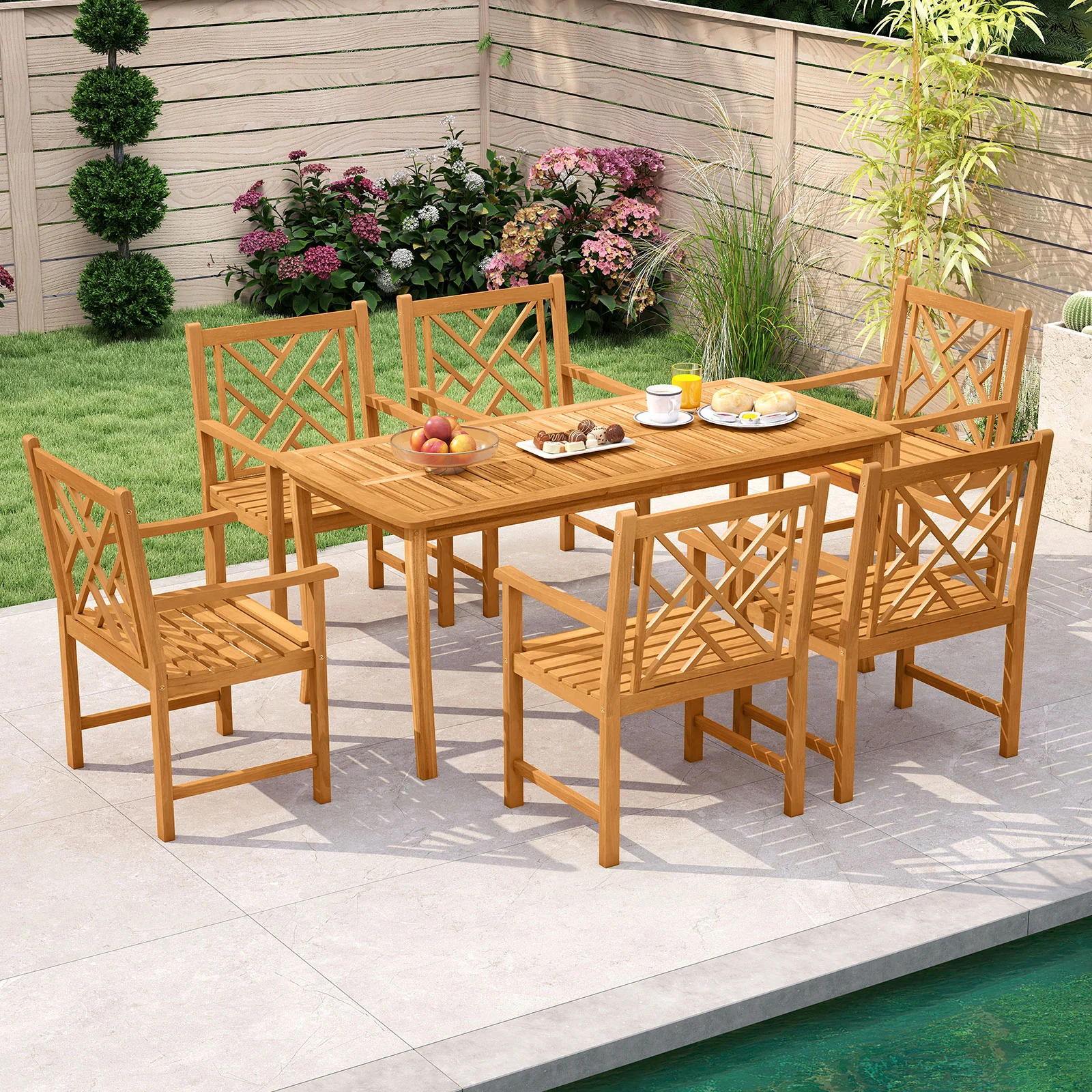 Set of 2 Outdoor Dining Chairs, Acacia Wood, Cross-Pattern Backrest, Natural - Image 7