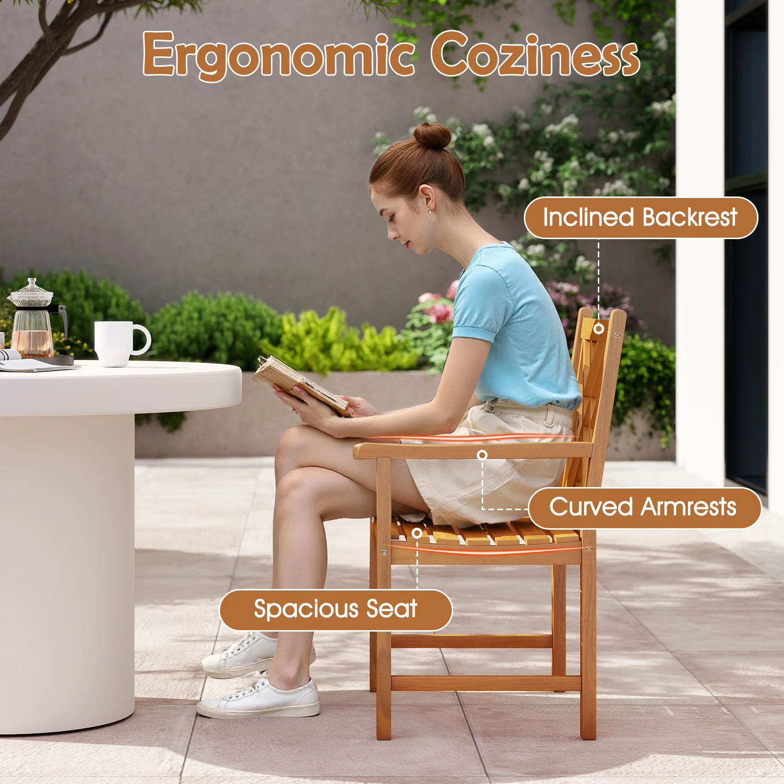 Set of 2 Outdoor Dining Chairs, Acacia Wood, Cross-Pattern Backrest, Natural - Image 9