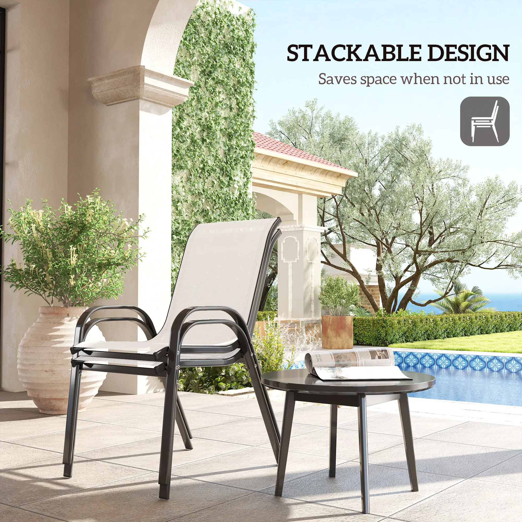 Set of 2 Outdoor Dining Chairs, Stackable, High Back, Light Grey - Image 4
