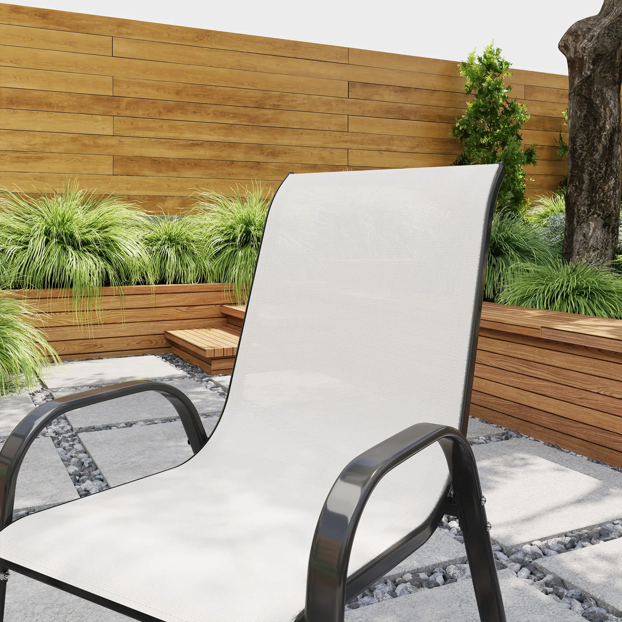 Set of 2 Outdoor Dining Chairs, Stackable, High Back, Light Grey - Image 7