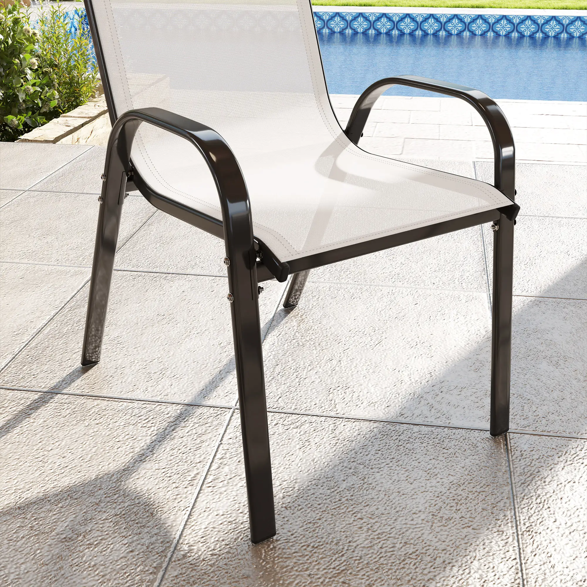 Set of 2 Outdoor Dining Chairs, Stackable, High Back, Light Grey - Image 9