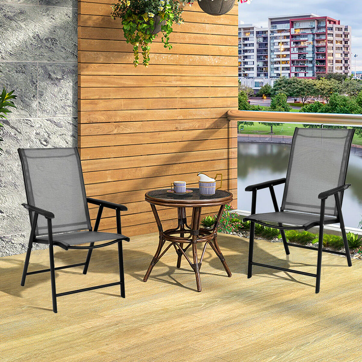 Set of 2 Outdoor Patio Folding Chairs, Gray - Image 7