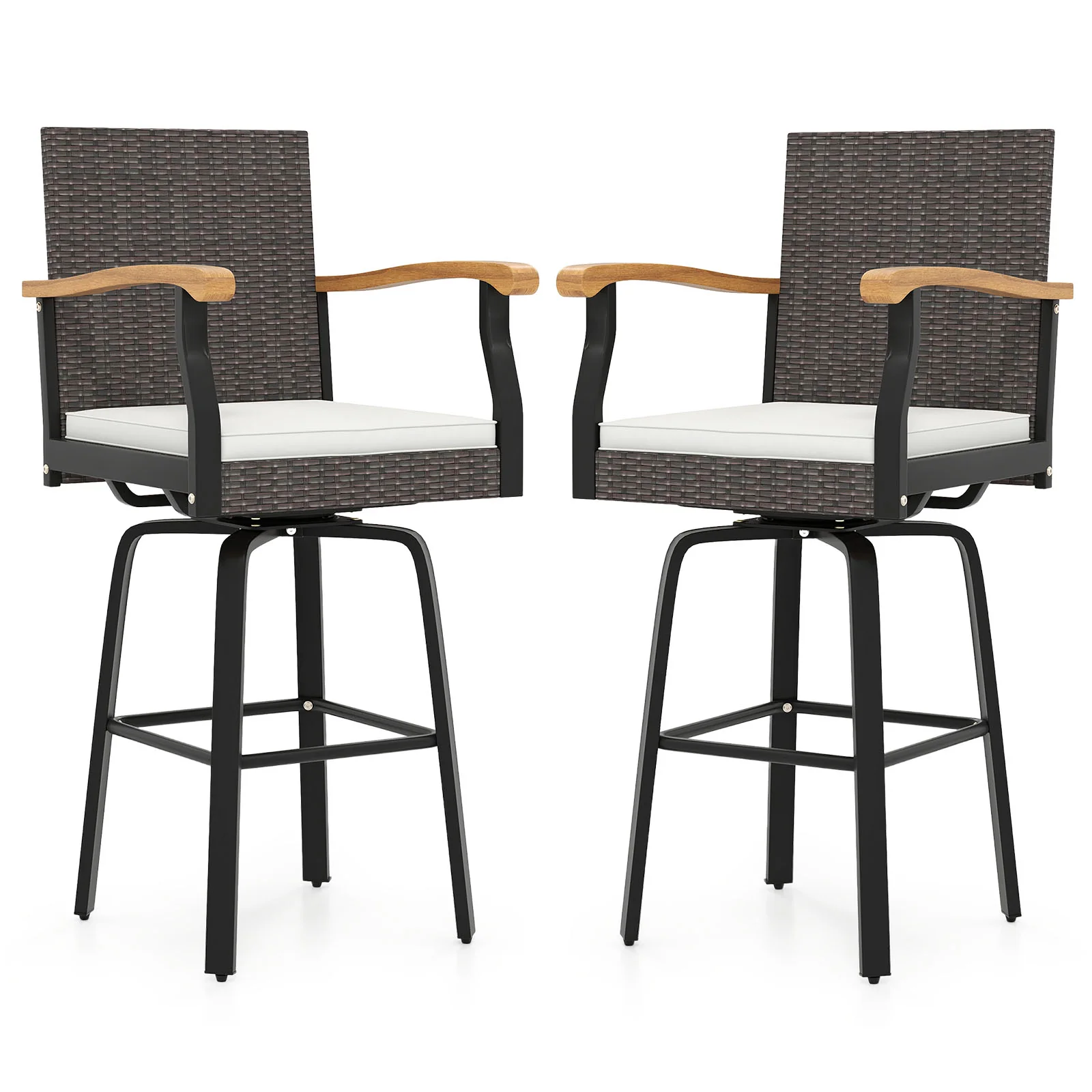 Set Of 2 Outdoor Swivel Bar Stools, With Cushion And Acacia Wood Armrests, Brown