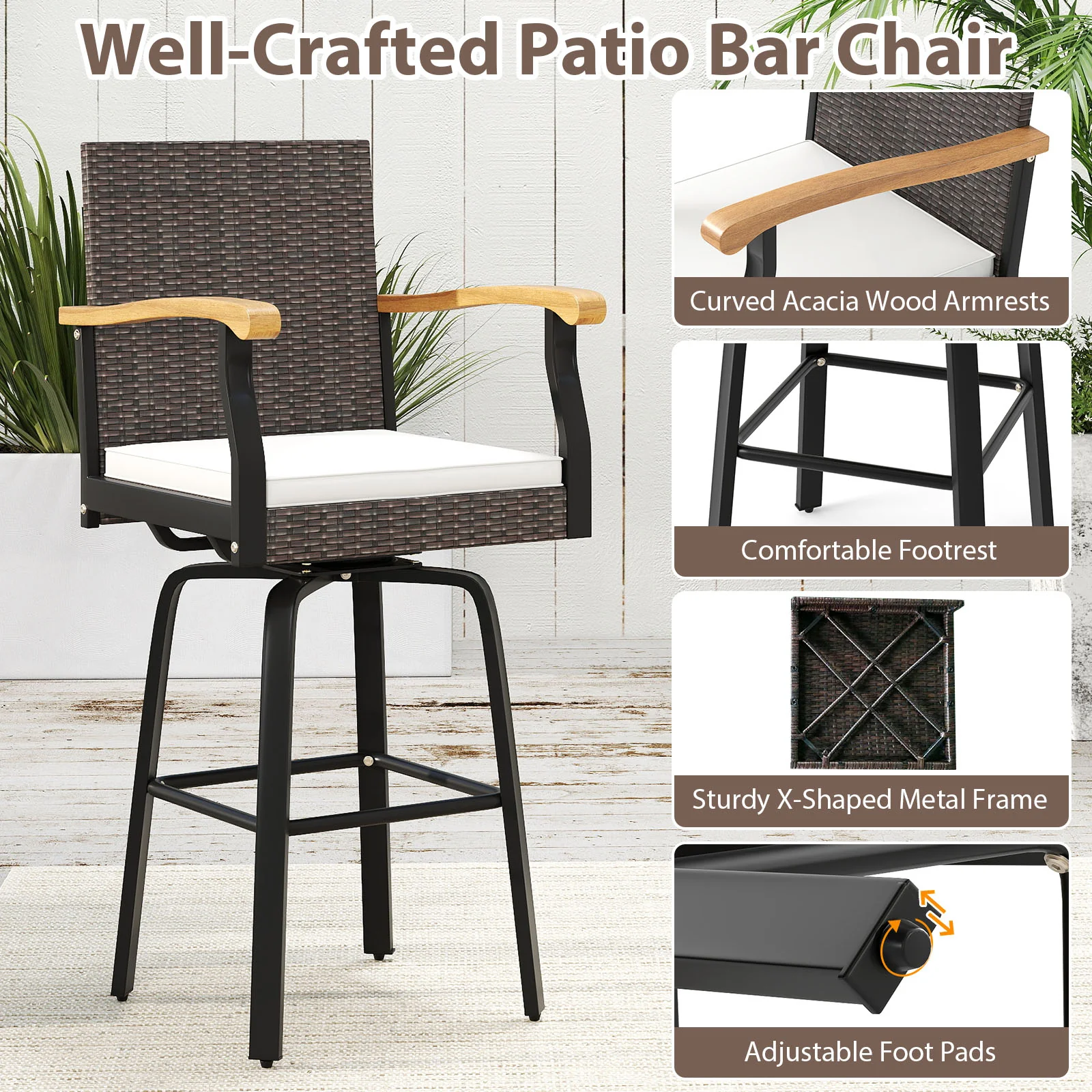 Set Of 2 Outdoor Swivel Bar Stools, With Cushion And Acacia Wood Armrests, Brown - Image 10