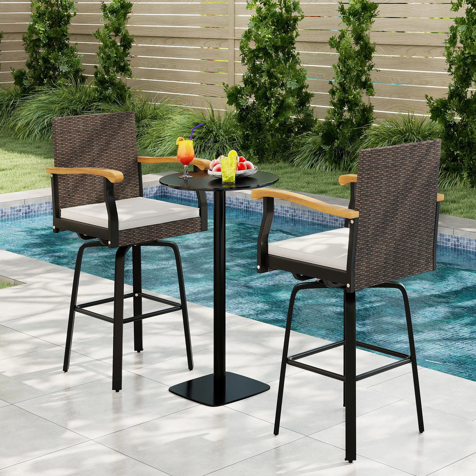 Set Of 2 Outdoor Swivel Bar Stools, With Cushion And Acacia Wood Armrests, Brown - Image 2