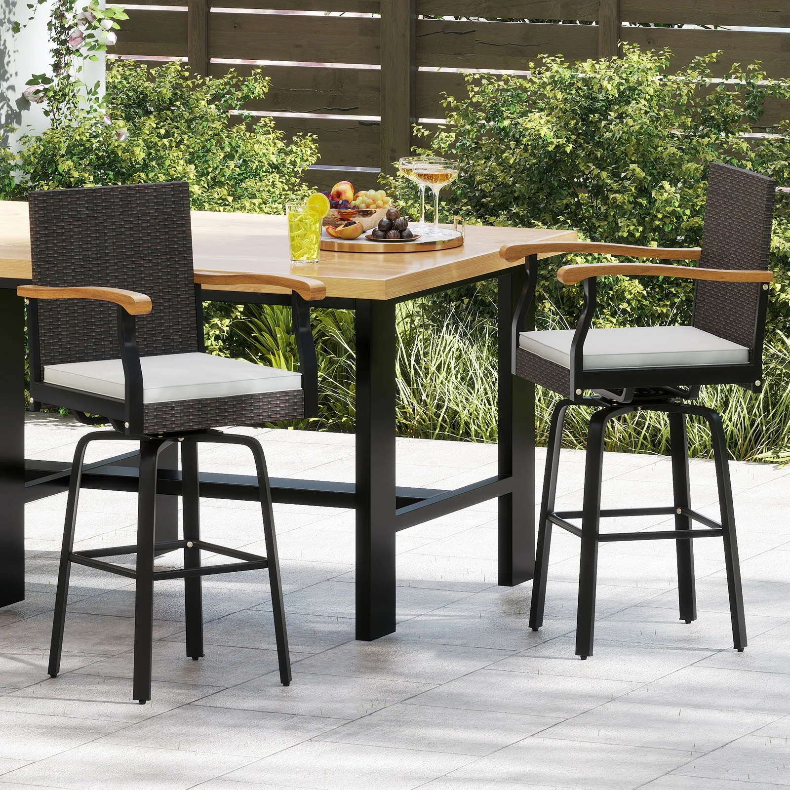 Set Of 2 Outdoor Swivel Bar Stools, With Cushion And Acacia Wood Armrests, Brown - Image 3