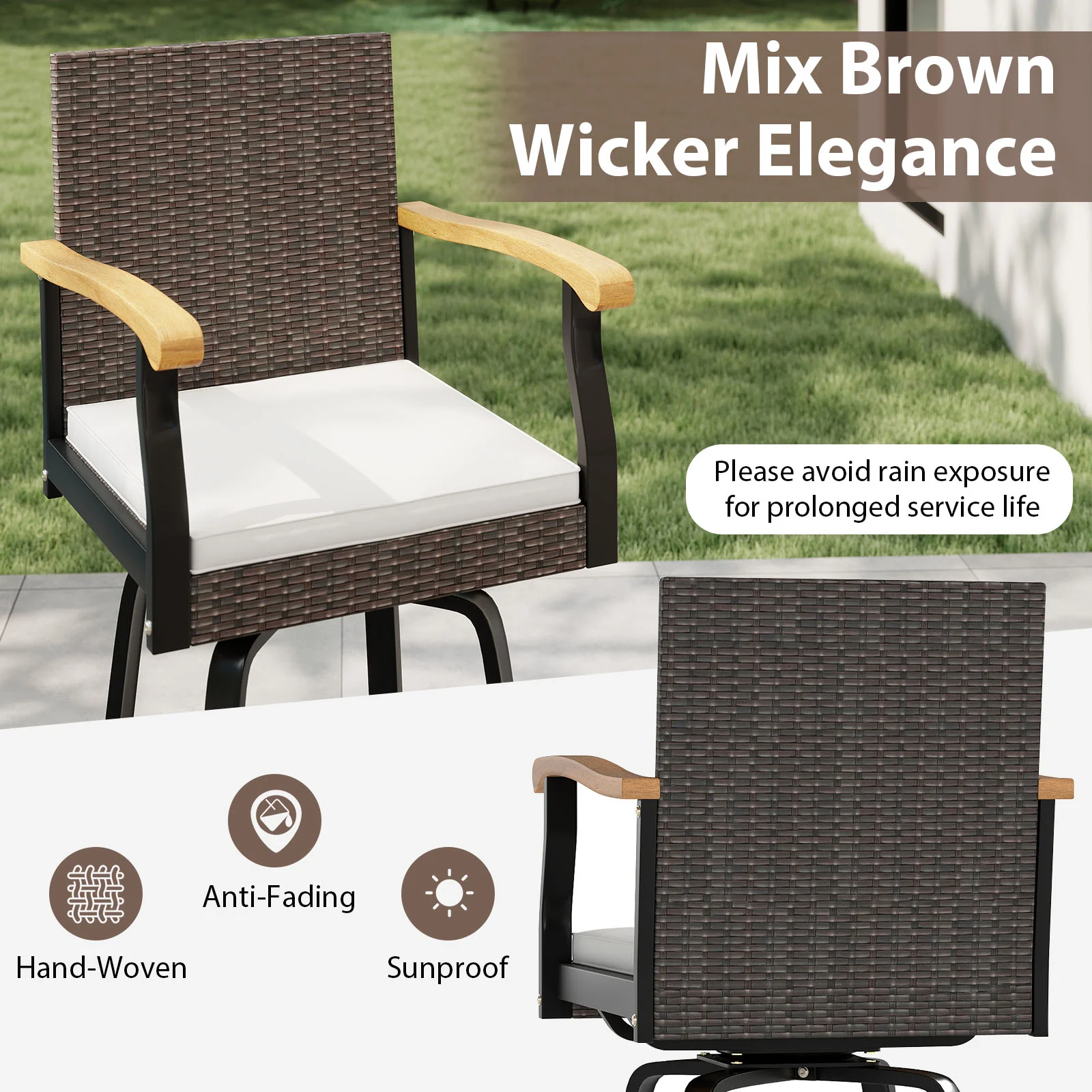 Set Of 2 Outdoor Swivel Bar Stools, With Cushion And Acacia Wood Armrests, Brown - Image 7