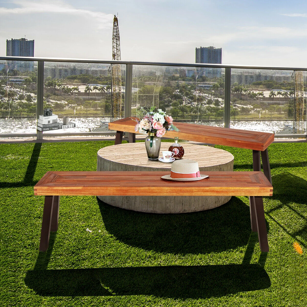 Set Of 2 Patio Acacia Wood Dining Bench - Image 2