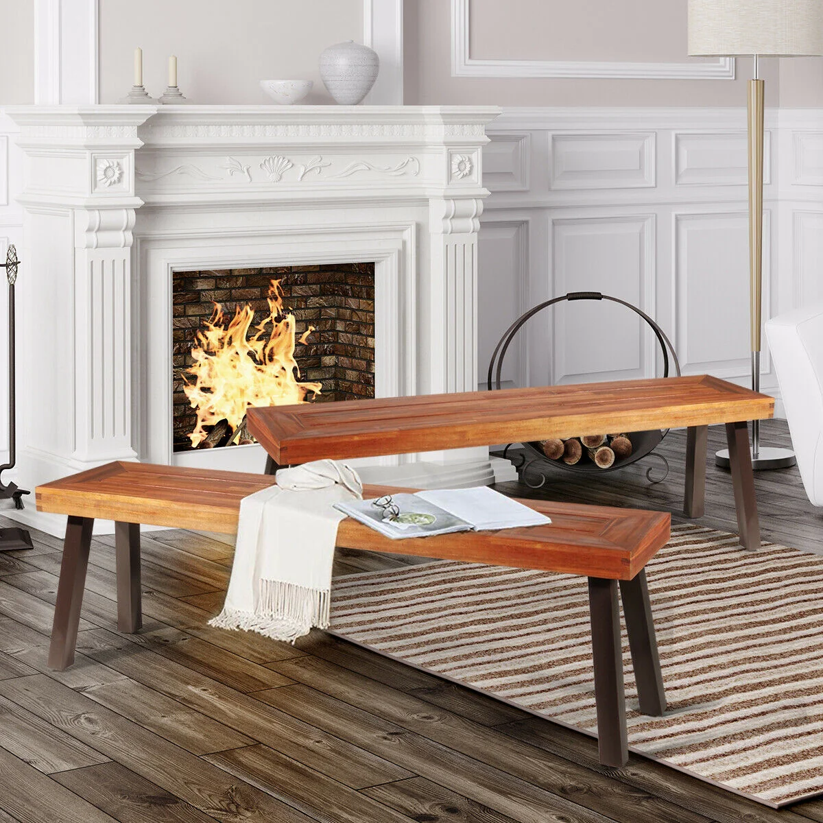 Set Of 2 Patio Acacia Wood Dining Bench - Image 7