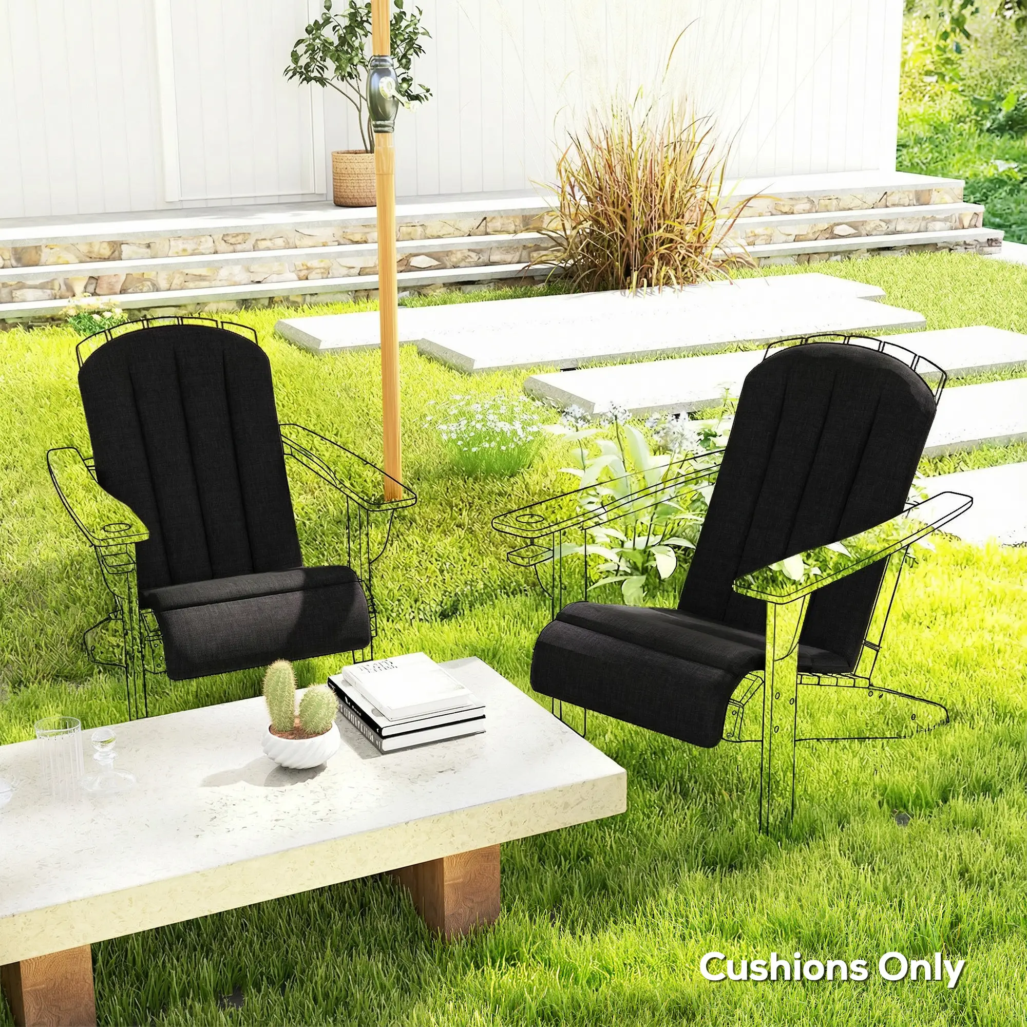 Set Of 2 Patio Chair Cushions, High Back Adirondack, High-Density Foam, Black - Image 2