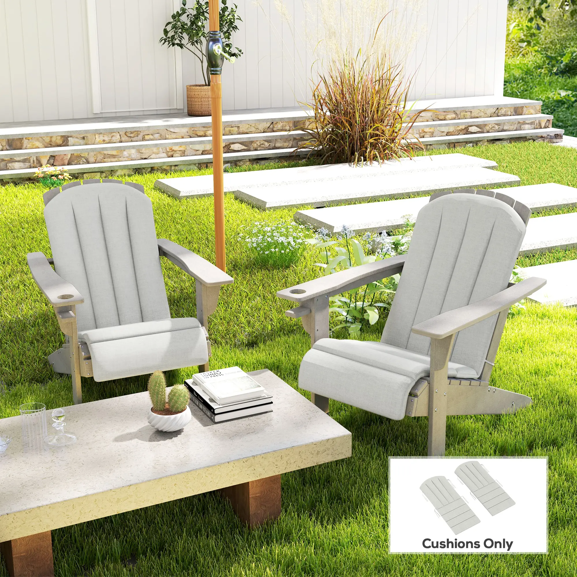 Set of 2 Patio Chair Cushions, High Back, High-Density Foam, Light Grey - Image 2