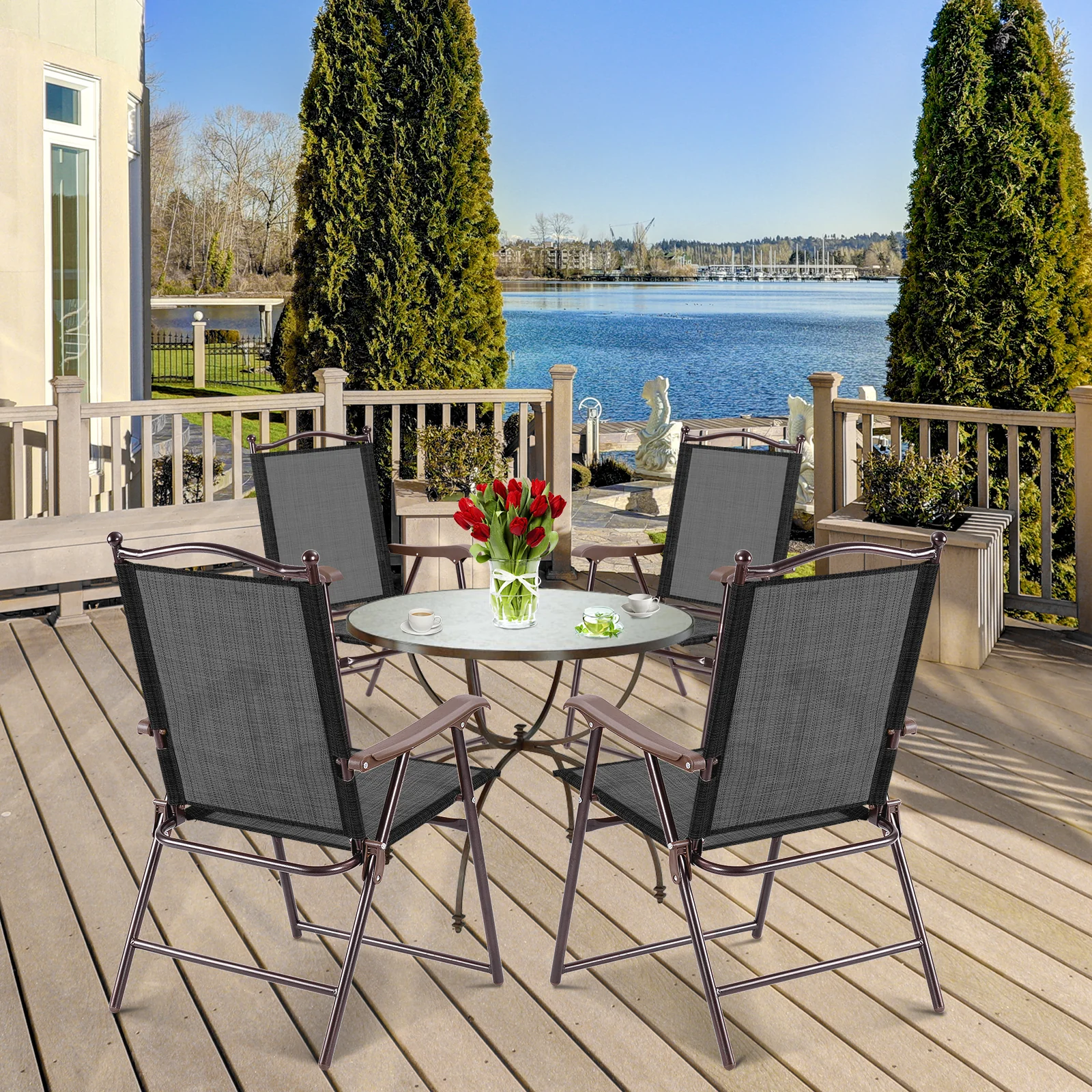 Set Of 2 Patio Folding Sling Back Camping Deck Chairs, Black - Image 3