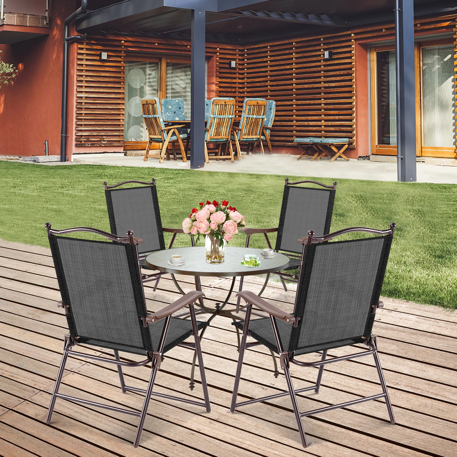Set Of 2 Patio Folding Sling Back Camping Deck Chairs, Black - Image 7