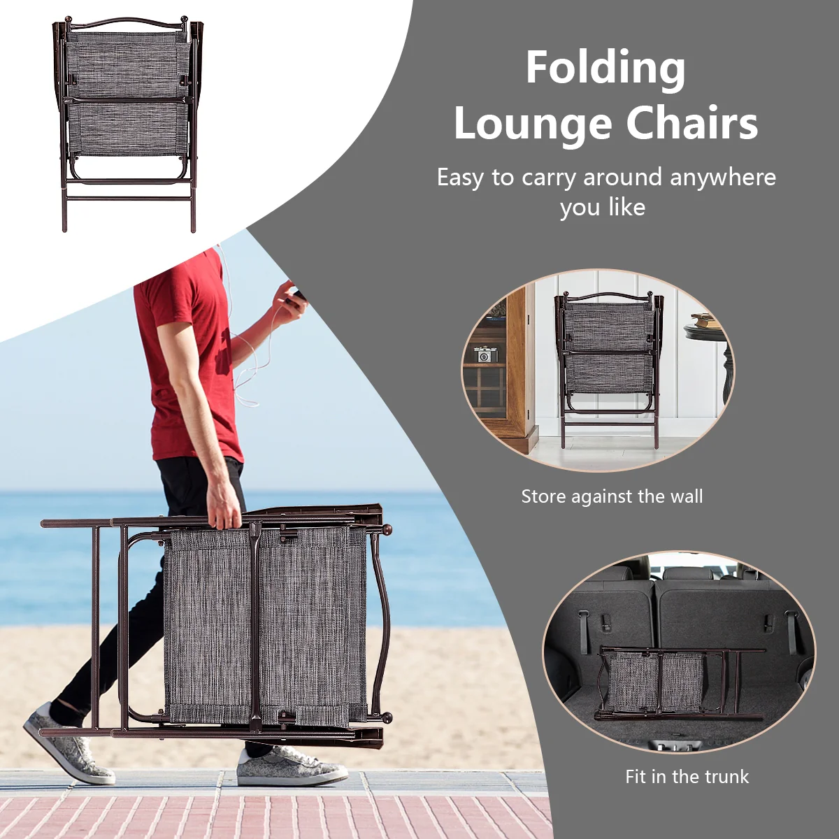 Set Of 2 Patio Folding Sling Back Camping Deck Chairs, Gray - Image 10