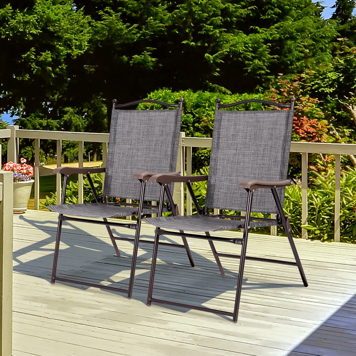 Set Of 2 Patio Folding Sling Back Camping Deck Chairs, Gray - Image 2