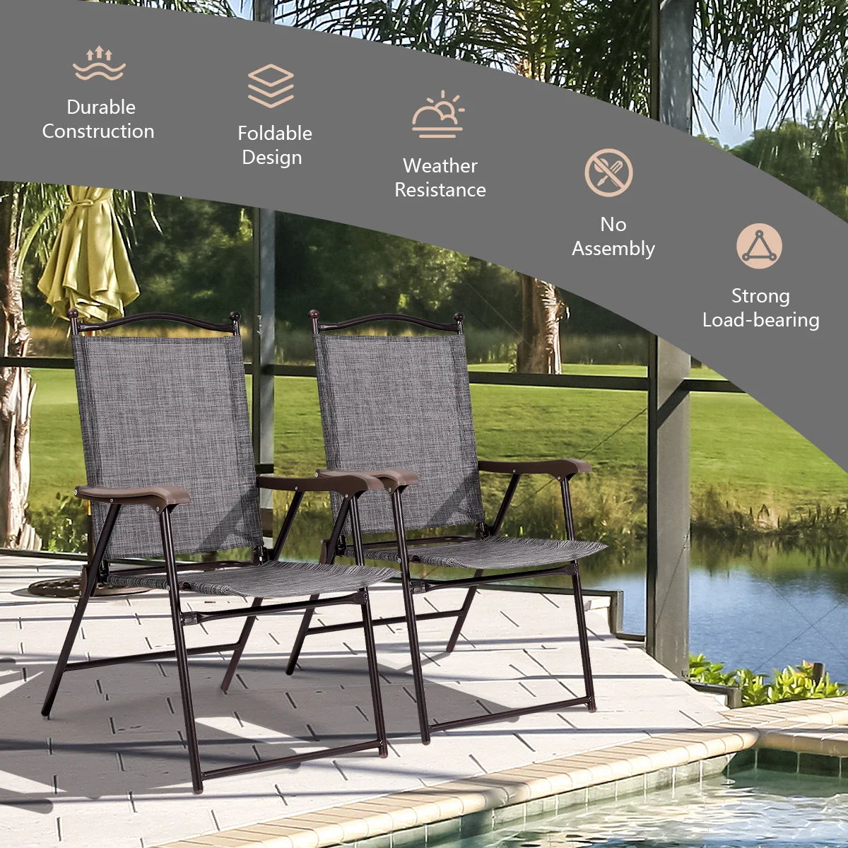 Set Of 2 Patio Folding Sling Back Camping Deck Chairs, Gray - Image 3