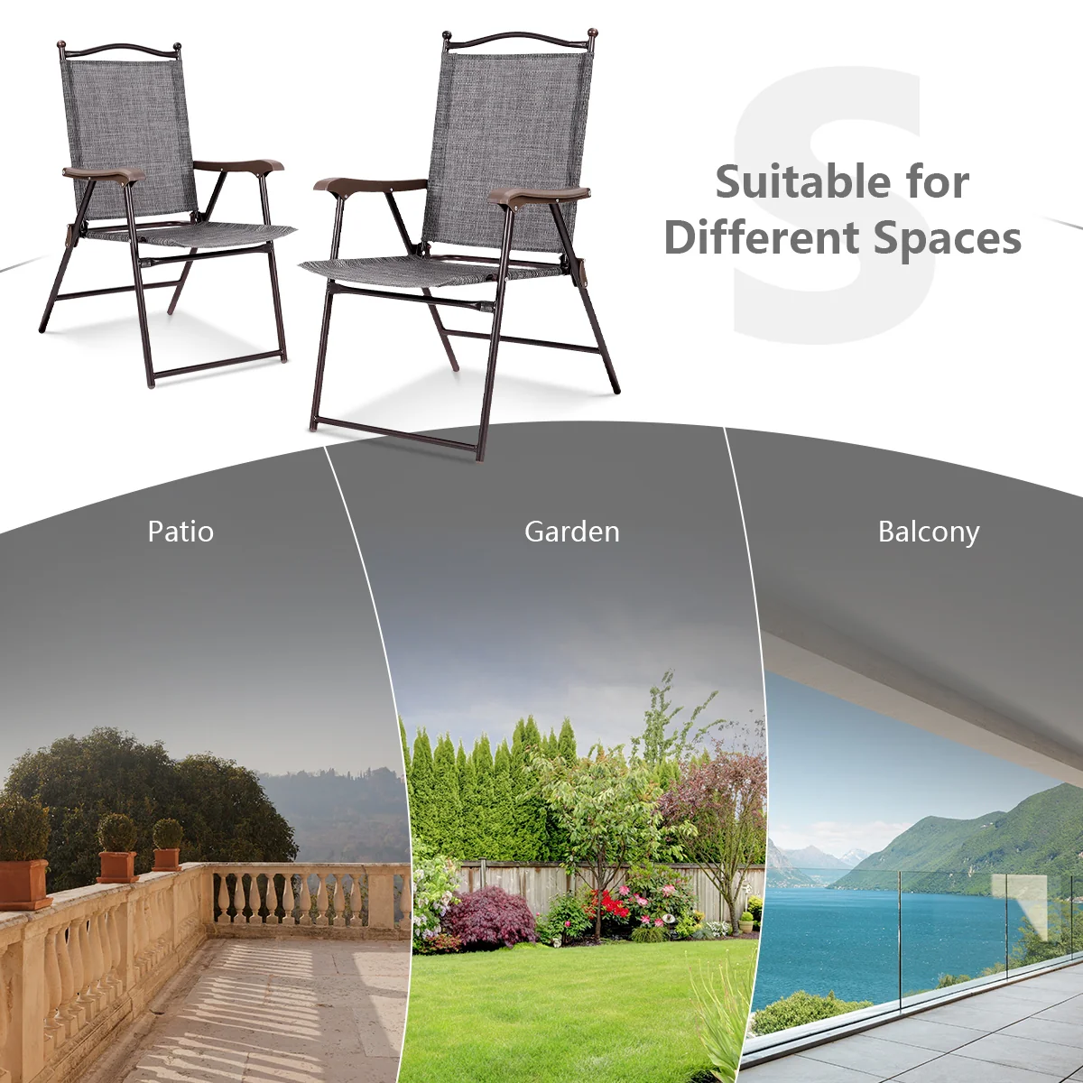 Set Of 2 Patio Folding Sling Back Camping Deck Chairs, Gray - Image 6