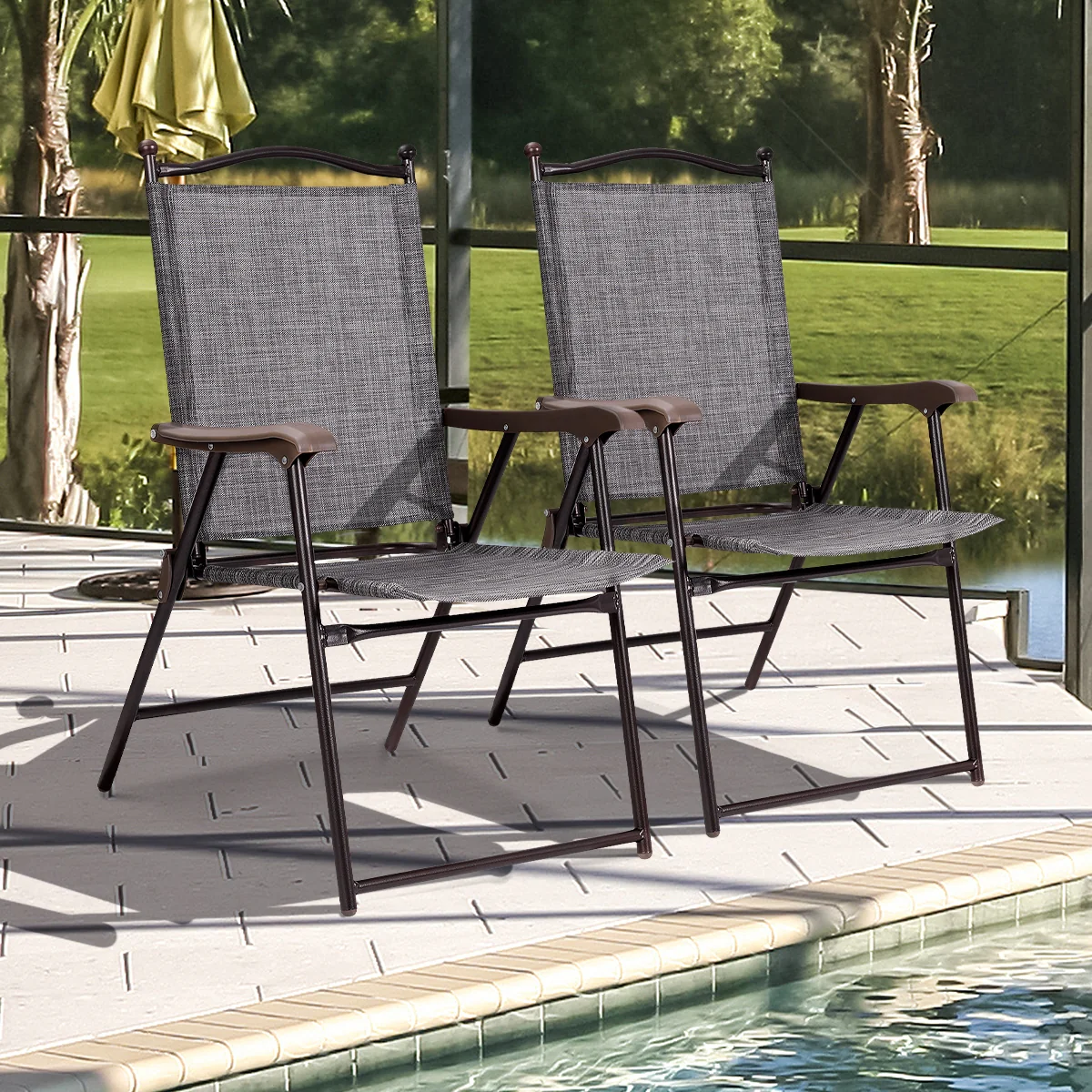 Set Of 2 Patio Folding Sling Back Camping Deck Chairs, Gray - Image 8