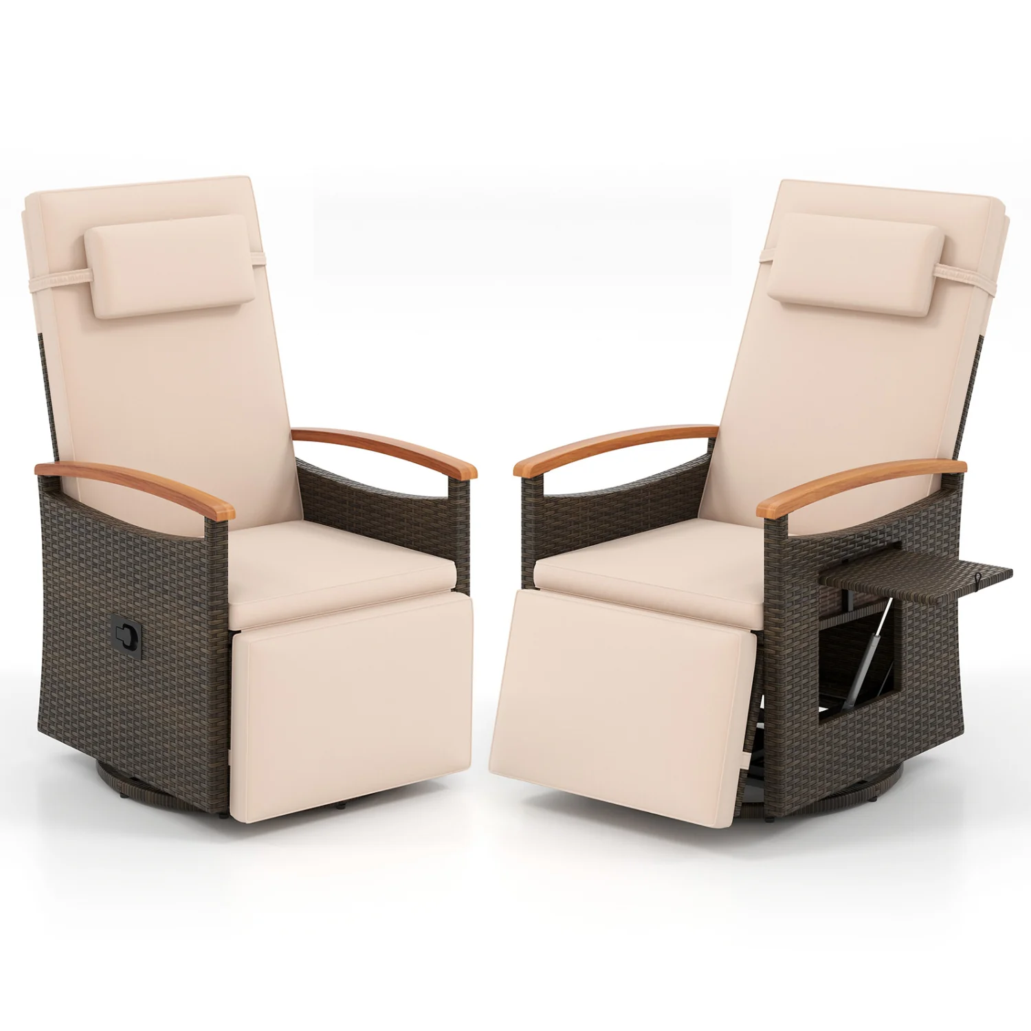 Set of 2 Patio Rattan 360° Swivel Recliner Chair with Adjustable Backrest and Footrest, Beige