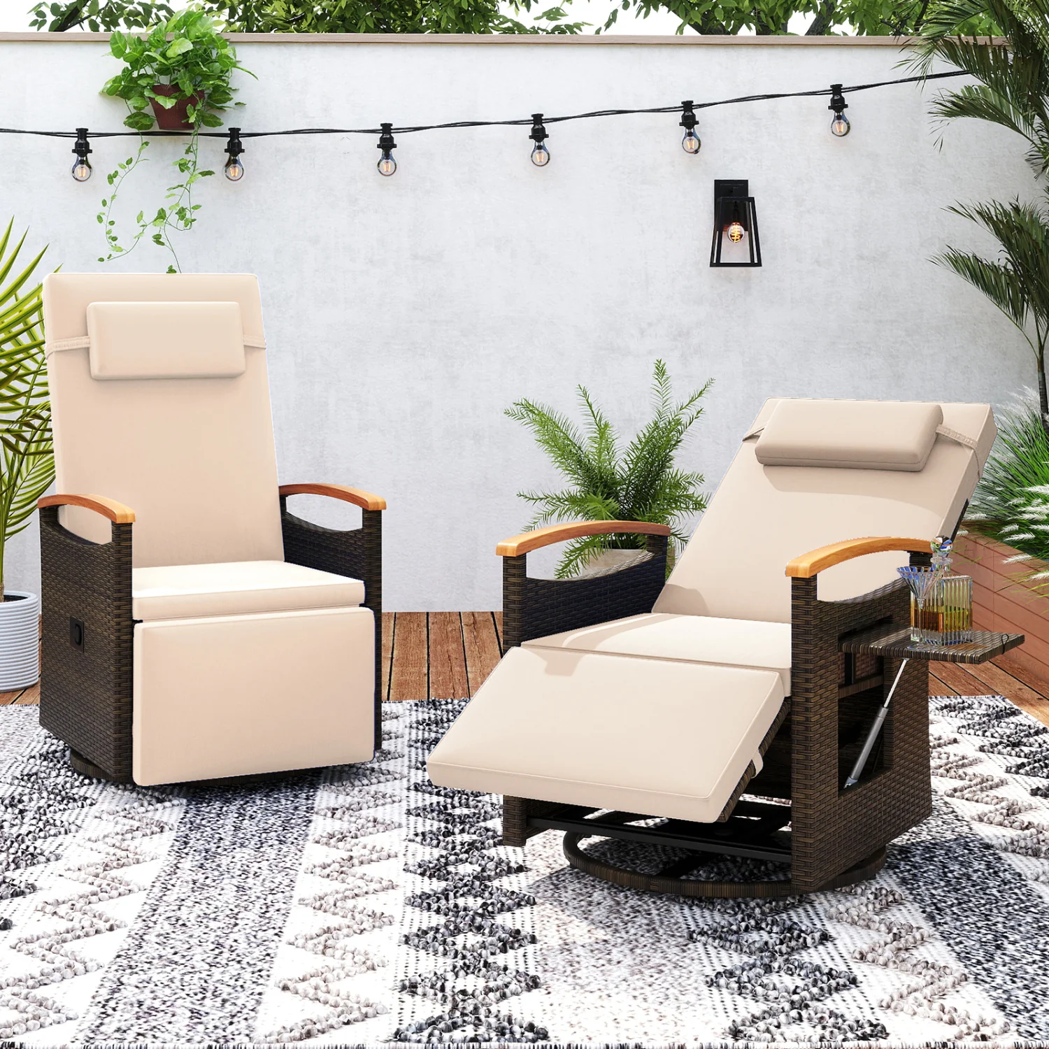 Set of 2 Patio Rattan 360° Swivel Recliner Chair with Adjustable Backrest and Footrest, Beige - Image 2