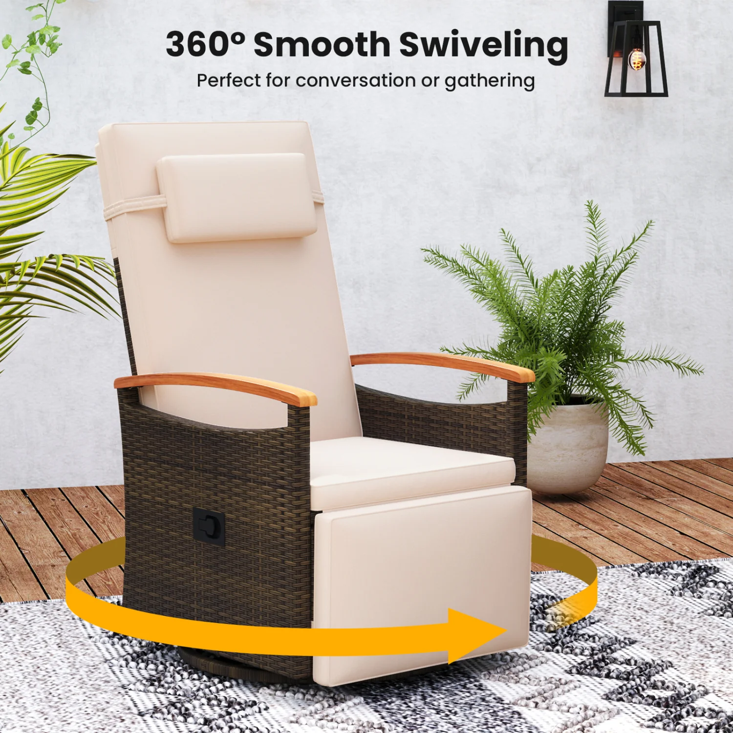 Set of 2 Patio Rattan 360° Swivel Recliner Chair with Adjustable Backrest and Footrest, Beige - Image 6