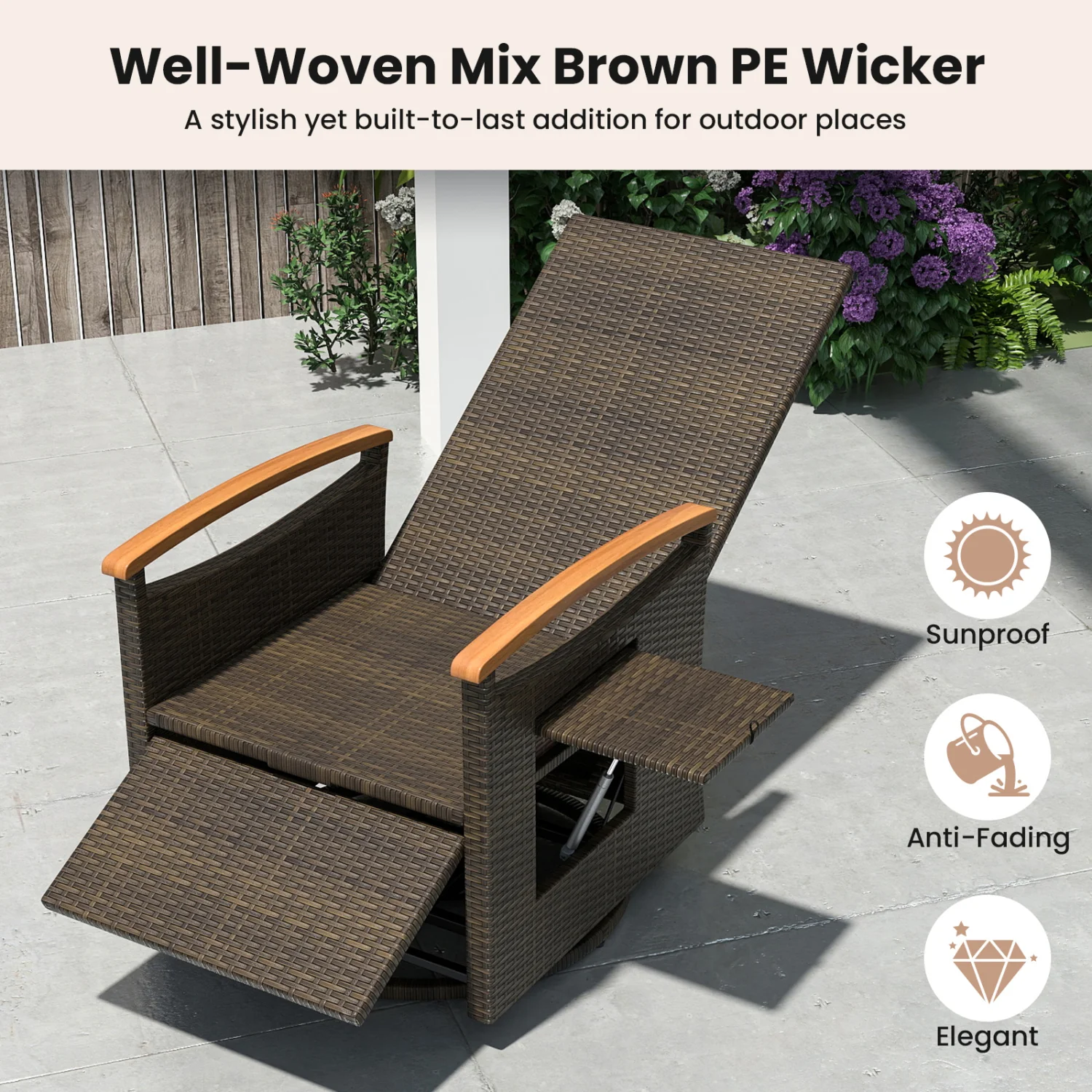 Set of 2 Patio Rattan 360° Swivel Recliner Chair with Adjustable Backrest and Footrest, Beige - Image 7