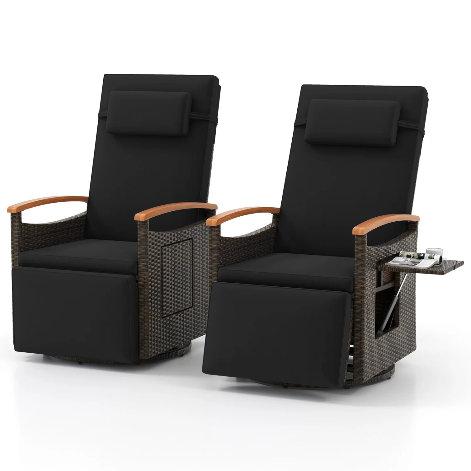 Set of 2 Patio Rattan 360° Swivel Recliner Chair with Adjustable Backrest and Footrest, Black