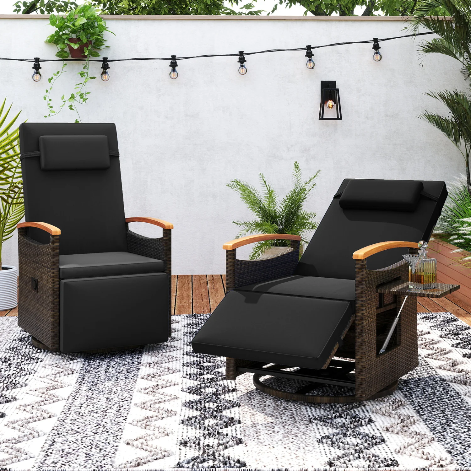 Set of 2 Patio Rattan 360° Swivel Recliner Chair with Adjustable Backrest and Footrest, Black - Image 2