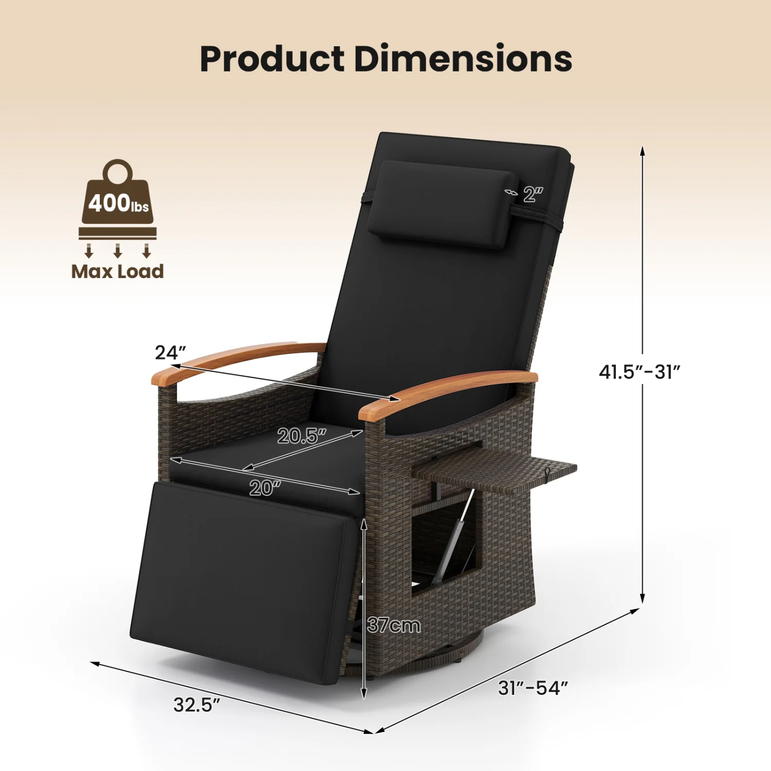 Set of 2 Patio Rattan 360° Swivel Recliner Chair with Adjustable Backrest and Footrest, Black - Image 4